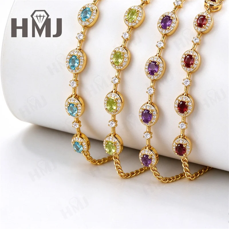Women's Natural Gemstone Bracelet Garnet Apatite Peridot with Diamond Accents S925 Silver Oval Shape Factory Wholesale Charms