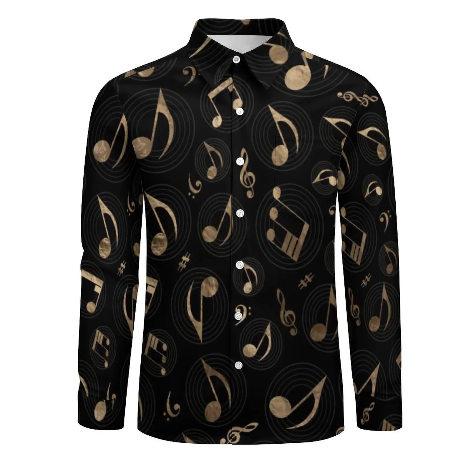 Music Notes Casual Shirt Male Black and Gold Harajuku Shirt Autumn Retro Blouse Long Sleeve Graphic Oversize Top