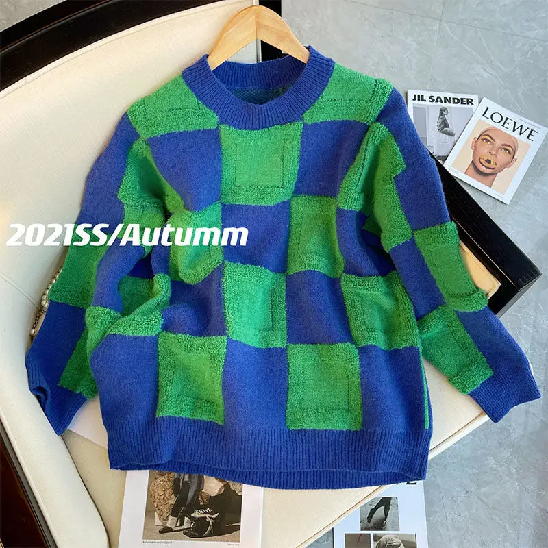 Pullover Sweater Female 2023 Autumn Winter Design Female Small Blue Green Stitching Plaid Sweater Female New Lazy Sweater Tops