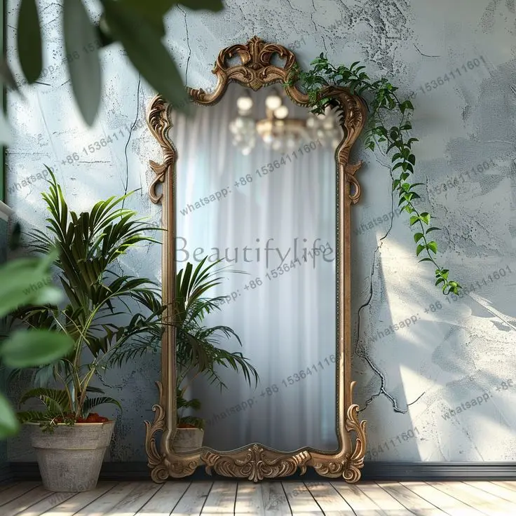 French retro floor-to-ceiling full-body mirror  home engraved European-style entrance living room special-shaped changing mirror