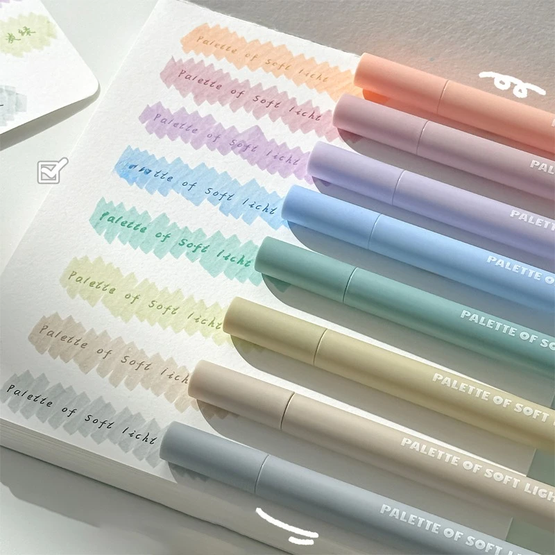 8pcs Soft Tip Fluorescent Pen Set Adjustable 1-4mm Line Width Pastel Colors Water-Based Fast-Drying Ink for Students And Office