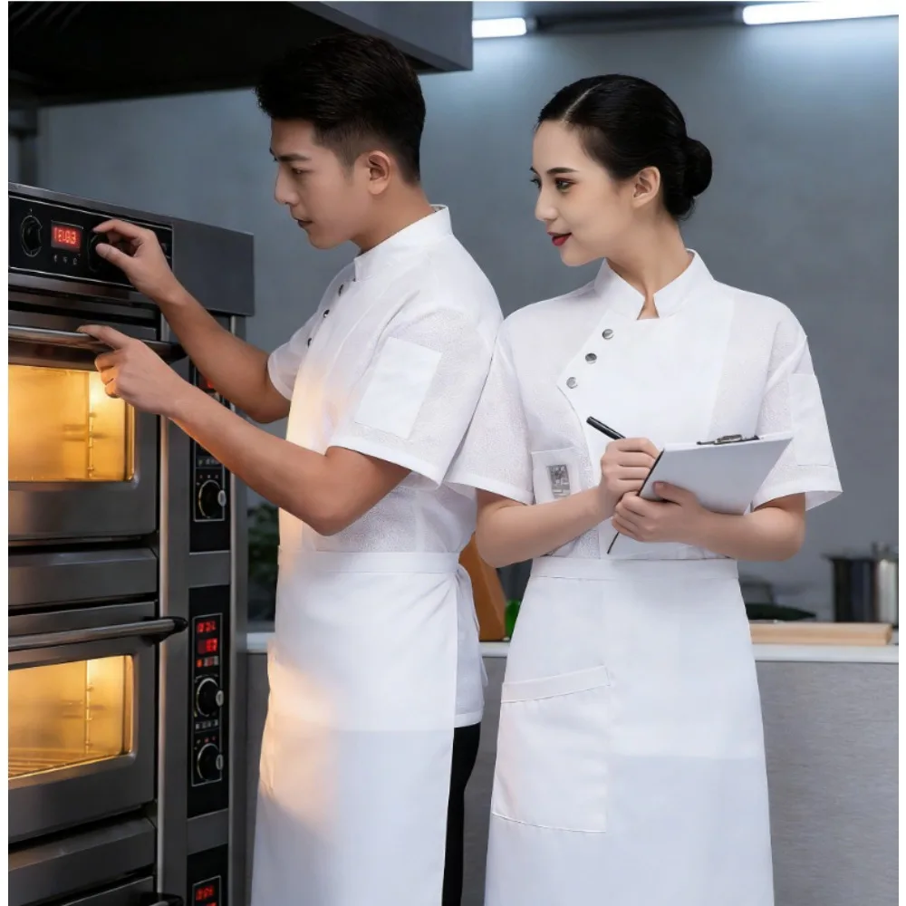 

Дышащая униформа повара с коротким рукавом, летняя рабочая одежда для мужчин, для отелей, ресторанов, пекарен, западной кухни, легкая и удобная