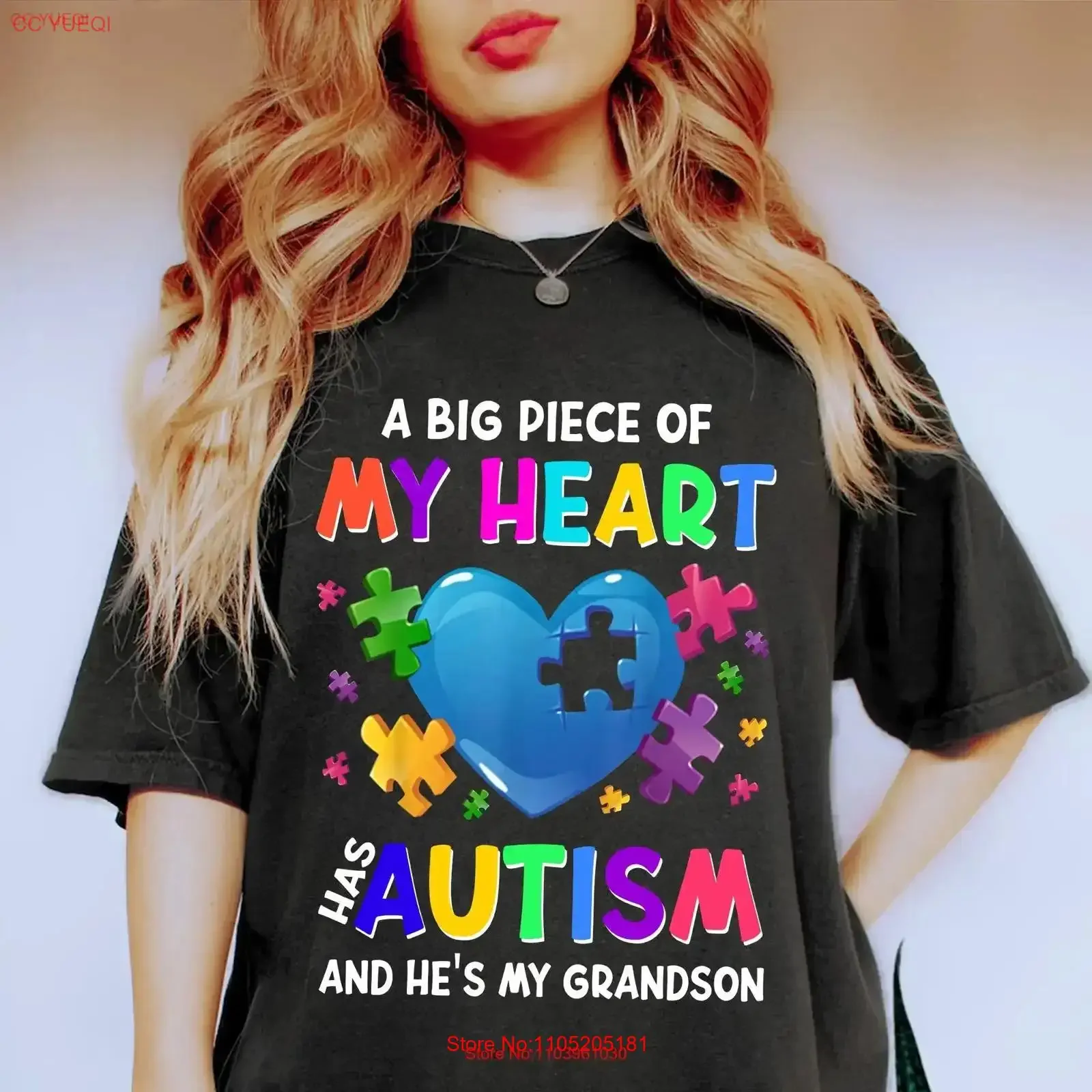 Autism Awareness T Shirt My Grandson Has Puzzle Heart Design Support Acceptance for Supporters vintage Washed Slightly homme