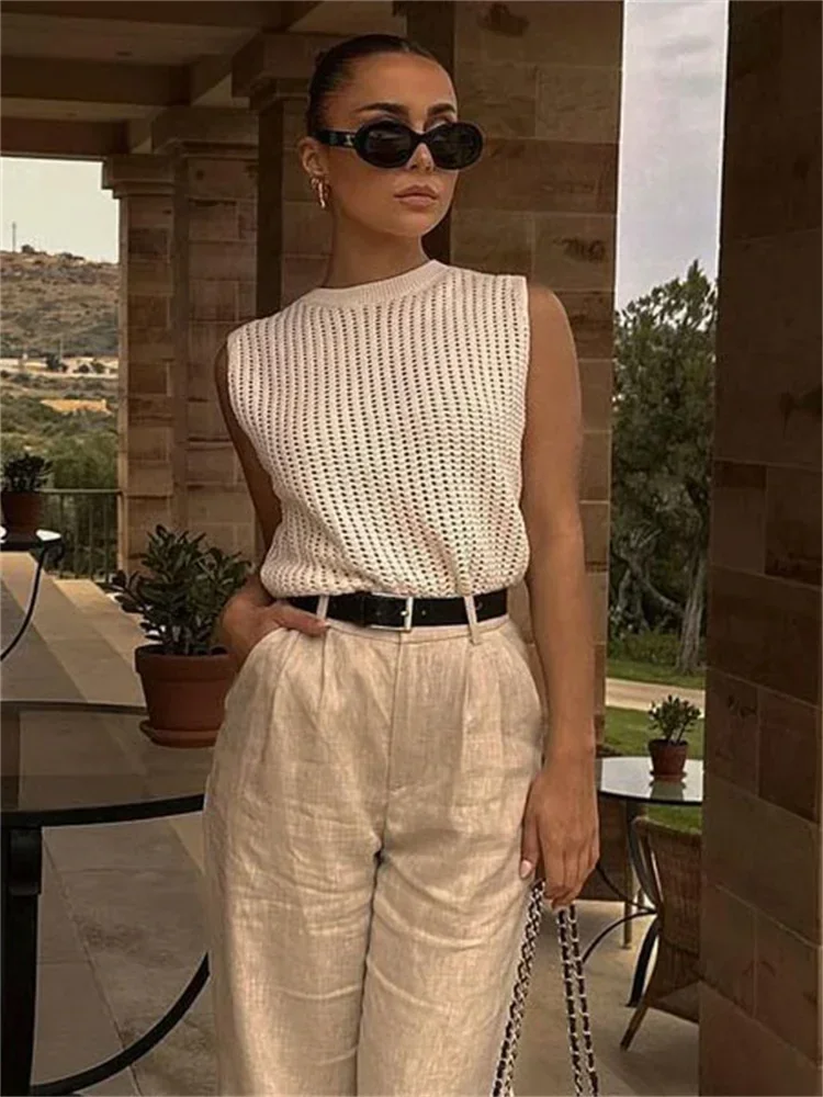 

Knit Hollow Out Sexy Tank Top Pullover For Women Sleeveless High Street Knitwear Y2k Top Vest Fashion Holiday Female Vest