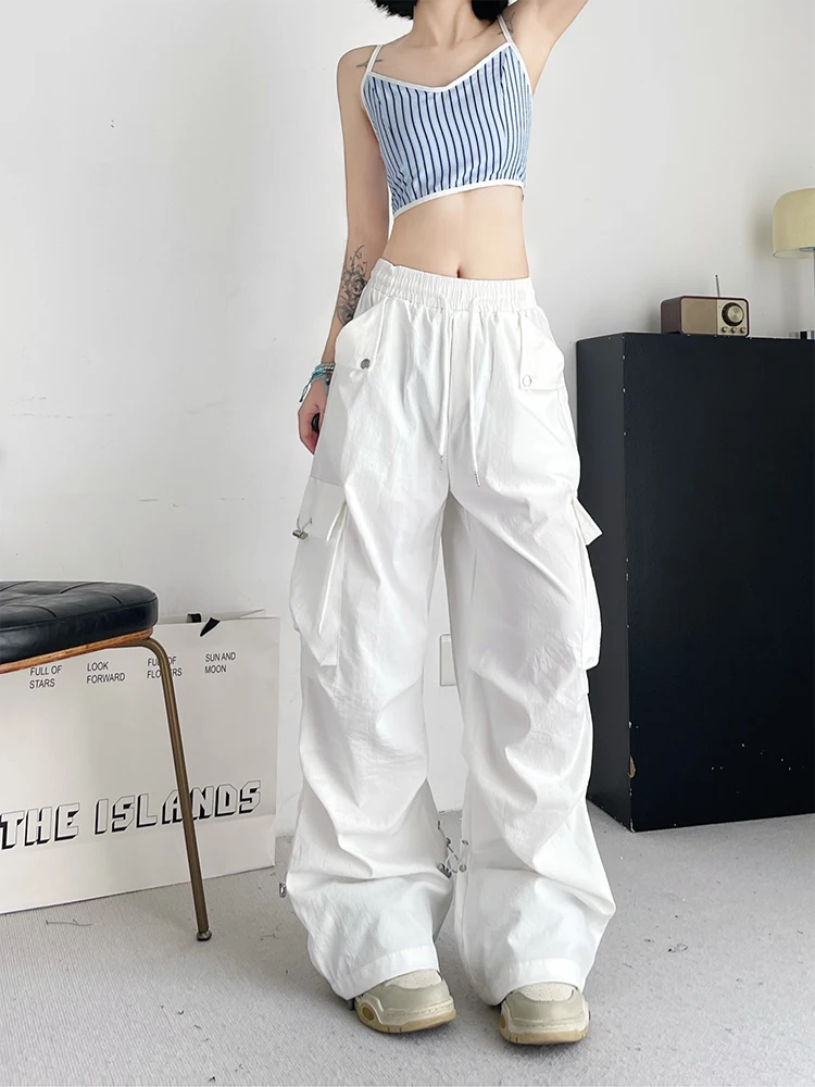 Women's White Baggy Cargo Pants Streetwear Harajuku Japanese 2000s Style Pants Y2k Parachute Pants Vintage Trousers Clothes 2024