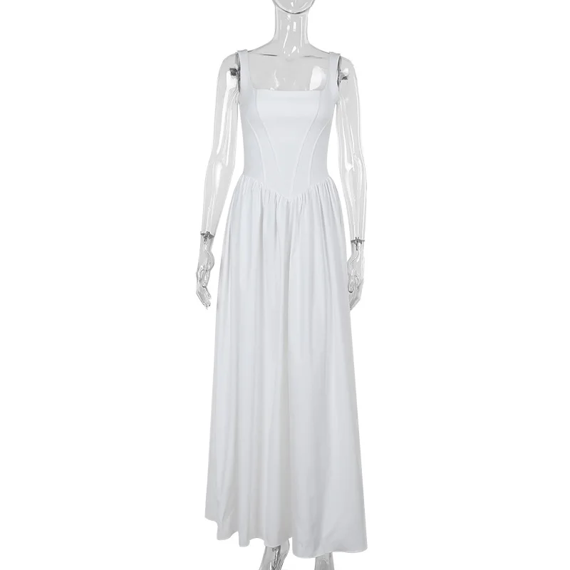 Simple and elegant solid-color corset halter dress, wedding and graduation ceremony, long skirt with a large skirt