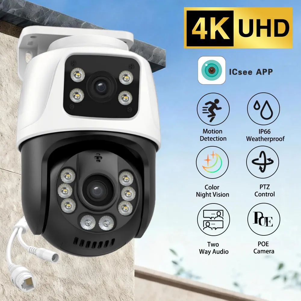 

Двухобъективная 8-мегапиксельная PTZ IP-камера с PoE, двусторонней аудиосвязью, для наружного видеонаблюдения, совместимая с системами NVR и Xmeye