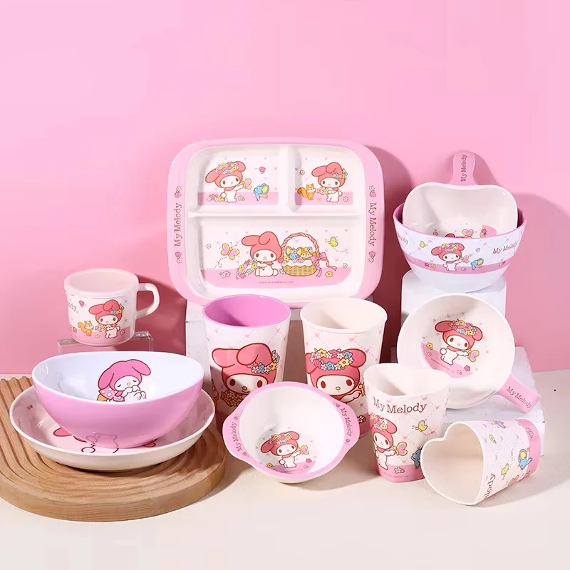 WUHE Sanrio My Melody Kids Melamine Bowls Divide Plate Cartoon Tableware Set BPA-Free Anti Scald Dinnerware Dishwasher Safe