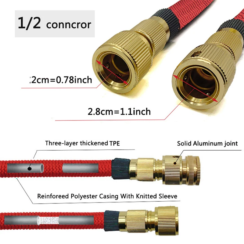 Lekki wąż ogrodowy, elastyczny wąż ogrodowy, przenośny wąż tarasowy z mocnymi mosiężnymi złączami i podwójnym lateksem