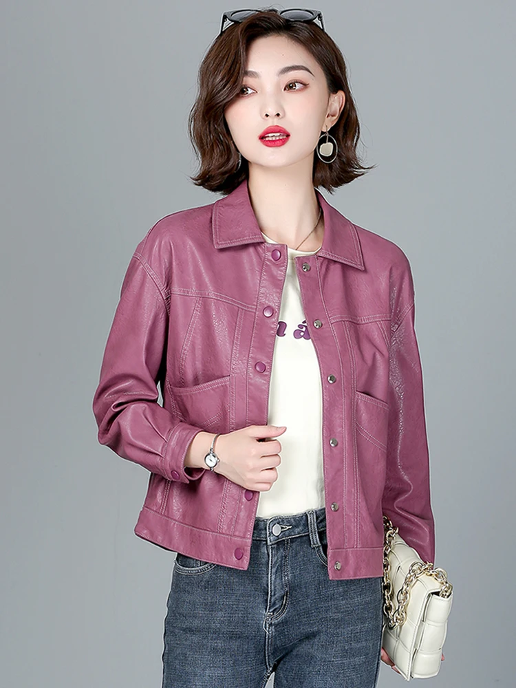 

Haierning New Women's Short Leather Jacket 2026 Spring Autumn Loose Korean Style Outerwear Commute Style Long Sleeve