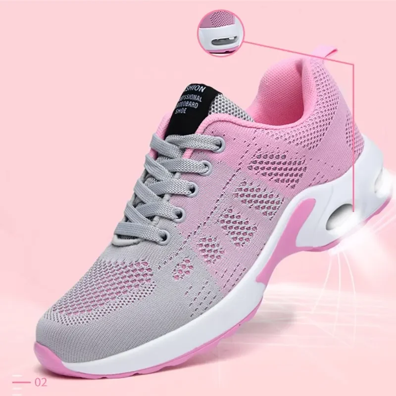 Casual Women Sneakers Air Cushion Platform Flat Shoes Femme Tennis Trainers Breathable Fly Wire Hit Color Comfort Zapatos Mujer