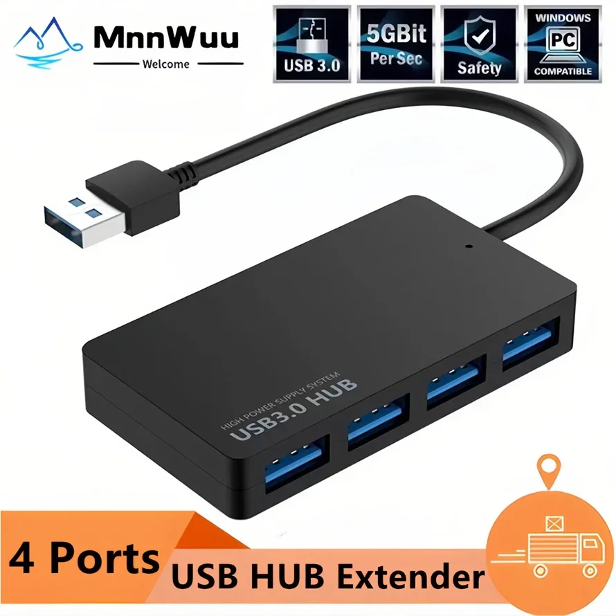 USB 3.0 Hub 4 Port Portable Multiport Splitter USB-A Expander Adapter Plug and Play for Laptop PC U Disk Keyboard Hard Drive