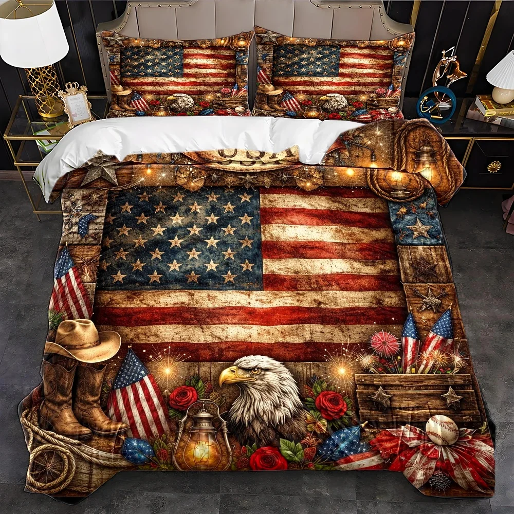 3Pc American Retro Flag-Themed Duvet Cover Set, Three-Piece Bed Set (1*Duvet Cover + 2*Pillowcases), Suitable for All Seasons, Machine Washable, with Invisible Zipper, Large Double Bed Cover Set, Suitable for Home, Dormitory, Master Bedroom, Guest Room, Includes Eagle and Cowboy Elements, American-Style Bedding Set, Vintage Distressed Stars and Stripes American Country-Style Bedding Set, Cross-Border Bestseller American Patriotic Style Duvet Cover Set, Bedroom Decoration with American-Themed Elements