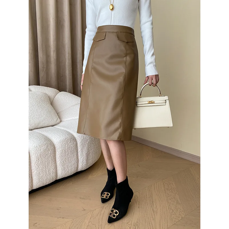 test only test only Simple fashionable tone early autumn French style stand cut high waist A- line leather skirt slimming