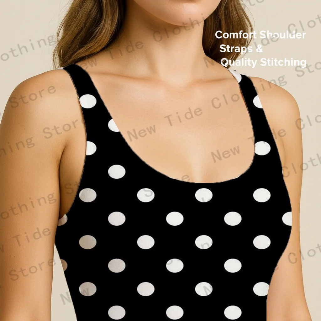 Traje de baño de una pieza de lunares blanco y negro para mujer, traje de baño ajustado sin mangas para playa, vacaciones de verano, traje de piscina