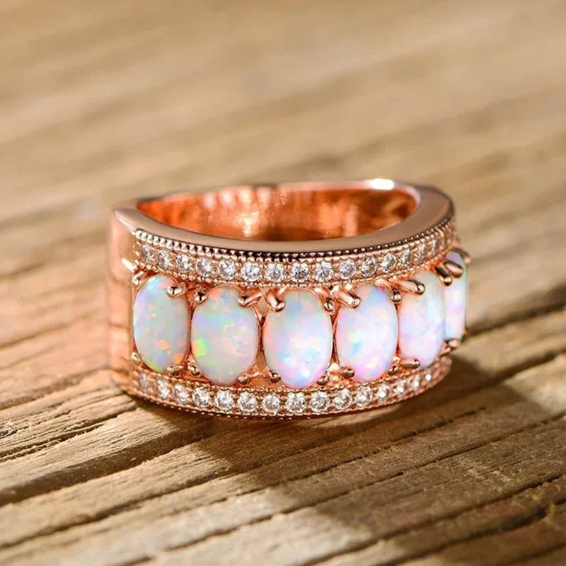 Huitan Gorgeous Imitation Opal Stone Rings for Women Unique Shiny Cubic Zirconia Wedding Band Jewelry Noble Finger Accessories