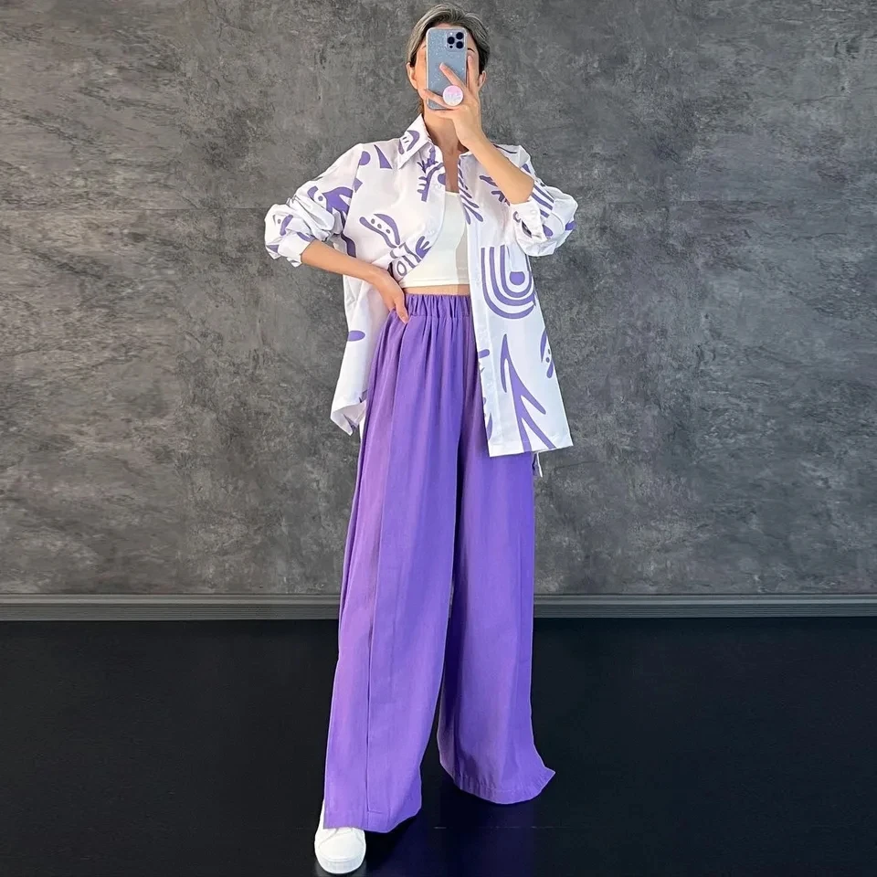 

Casual Long Sleeved Printed Shirt Set with High Waist and Wide Leg Pants Women's 2025 New Set