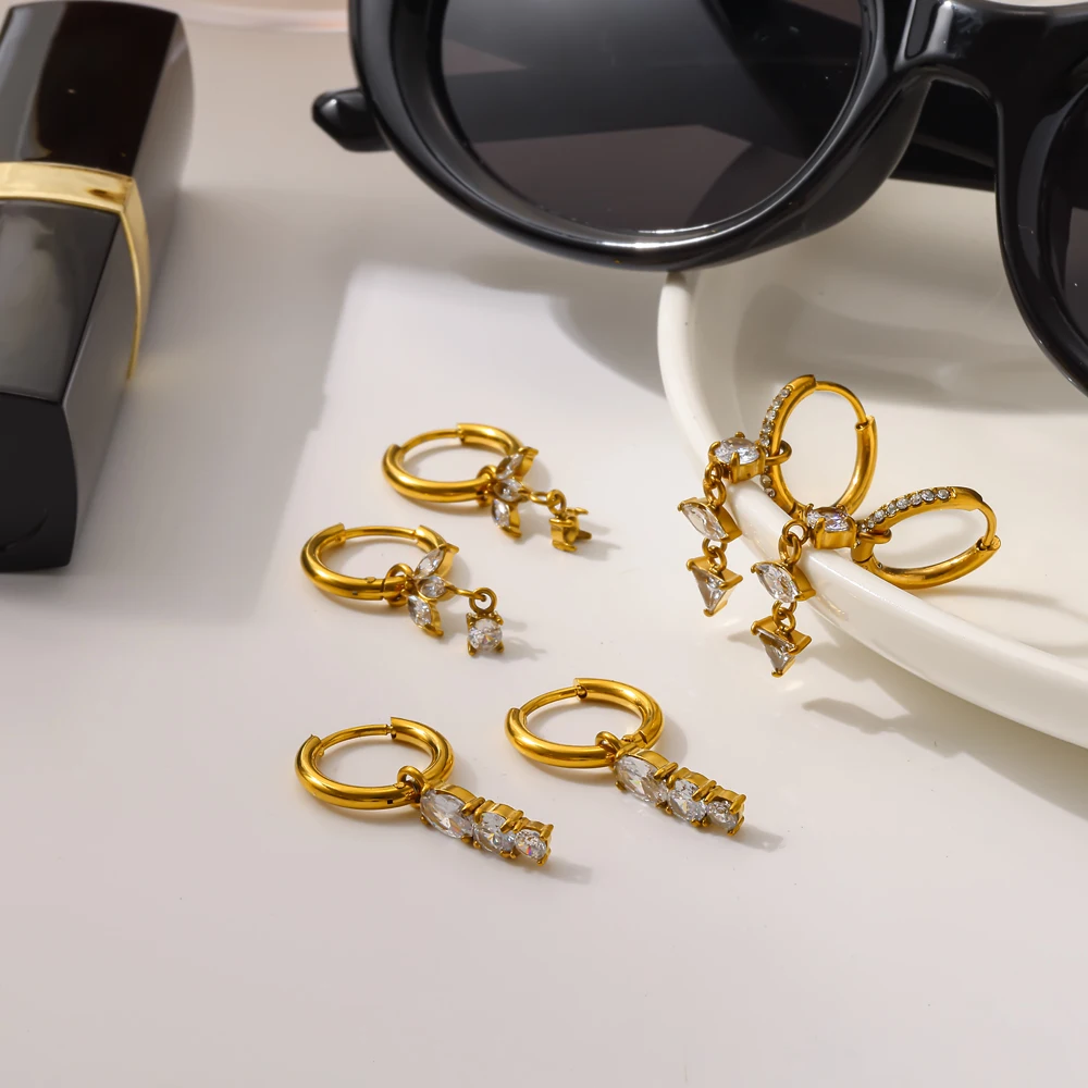 18K Vergoldete Edelstahl-Kristall-Zirkon-Anhänger Huggie-Ohrringe für Damen Hochwertiger Luxus-Partyschmuck – Detail 3