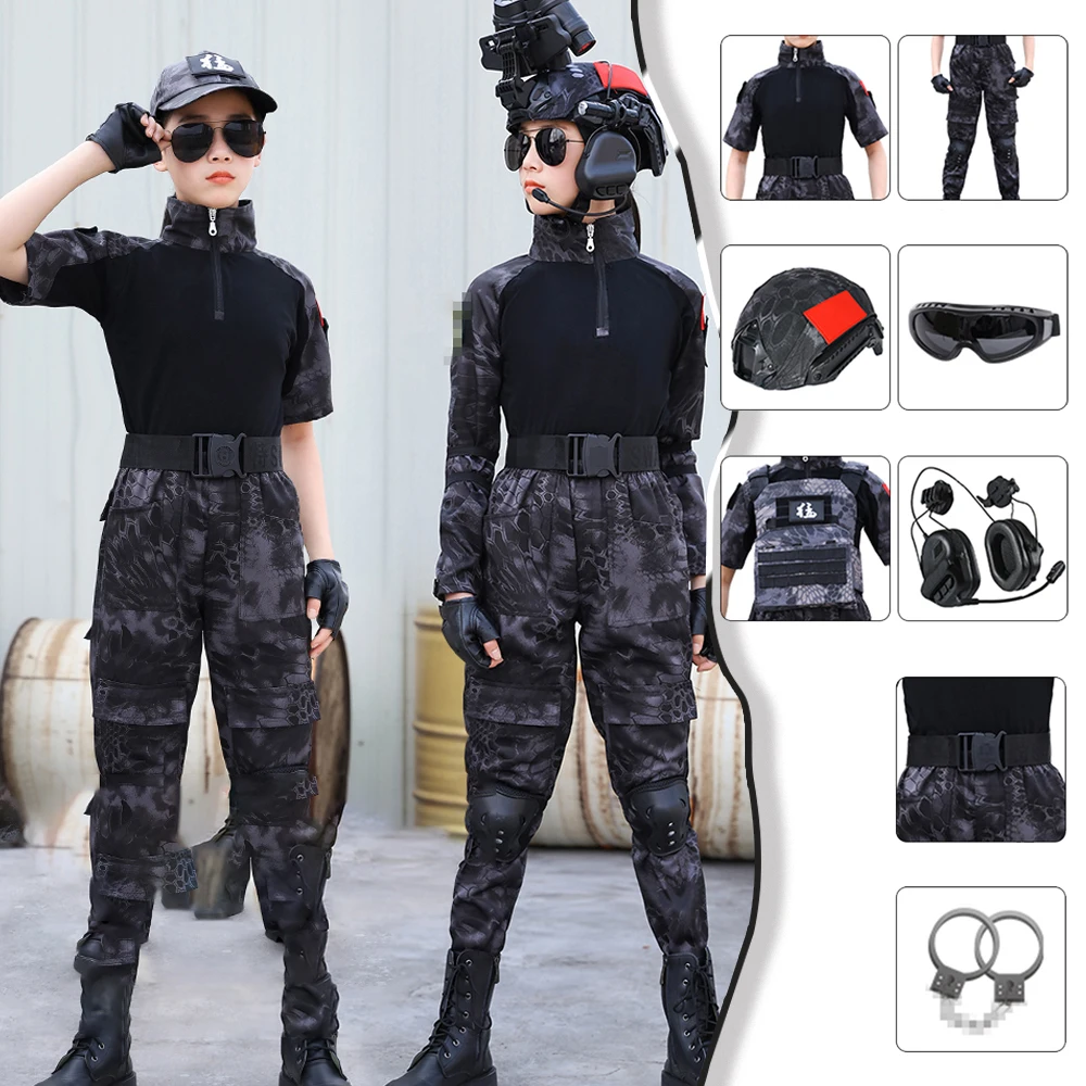 Tactical Children Breathable Camouflage Uniform Suit With Helmet Vest Headphones Outdoor Development School Student Outfits