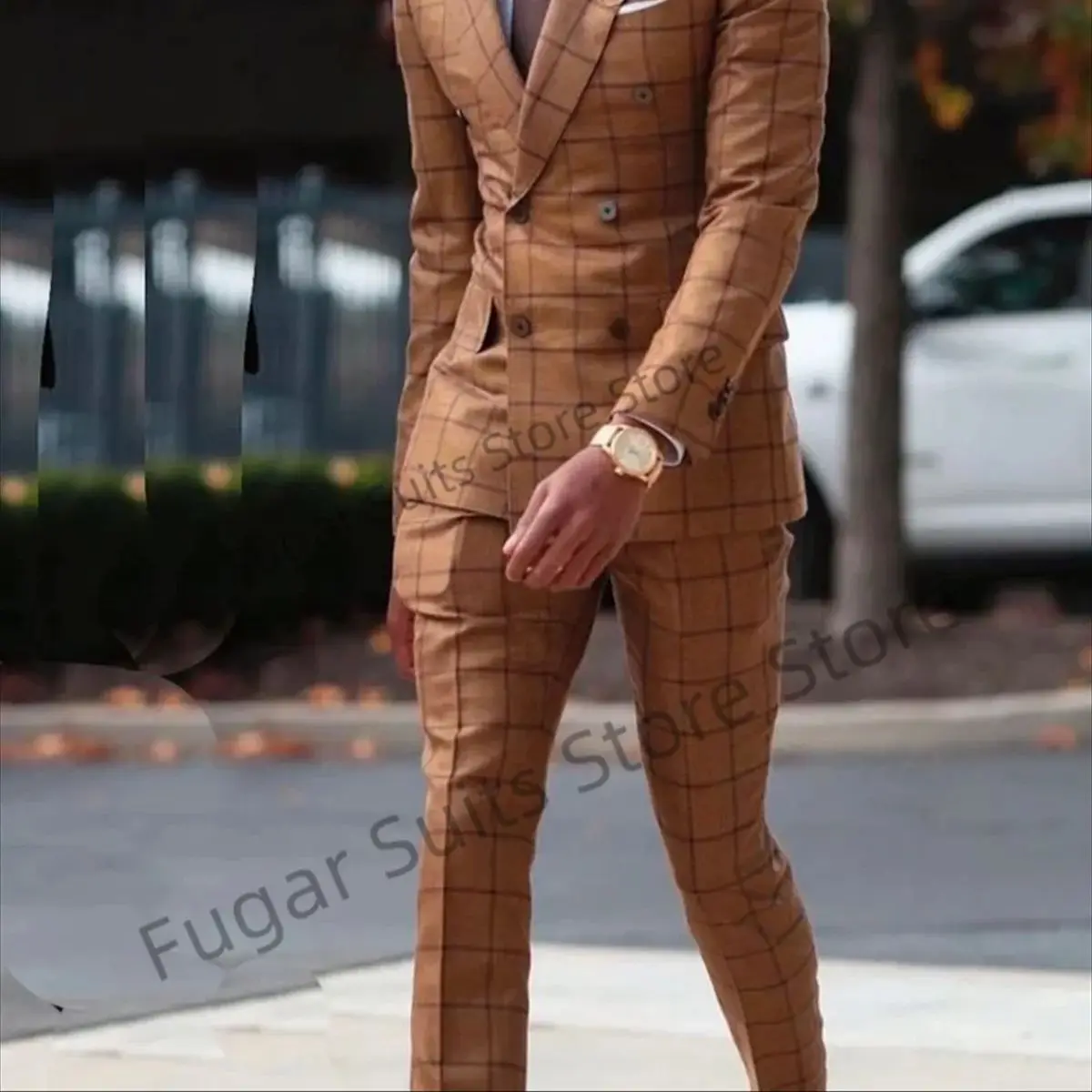 Trajes de boda a cuadros marrones de doble botonadura para hombre, esmoquin de novio con solapa de pico ajustado, conjuntos de 2 piezas, Blazer clásico para hombre