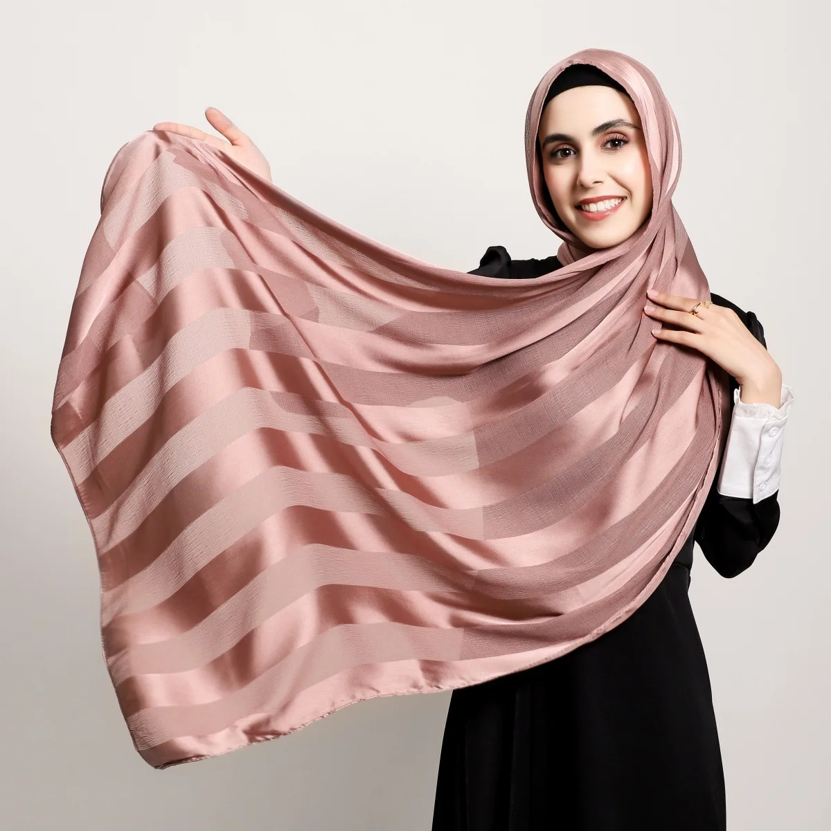 1Pc solid color simple fashion wide stripe hollow silk long towel travel soft breathable satin women's bag headscarf shawl