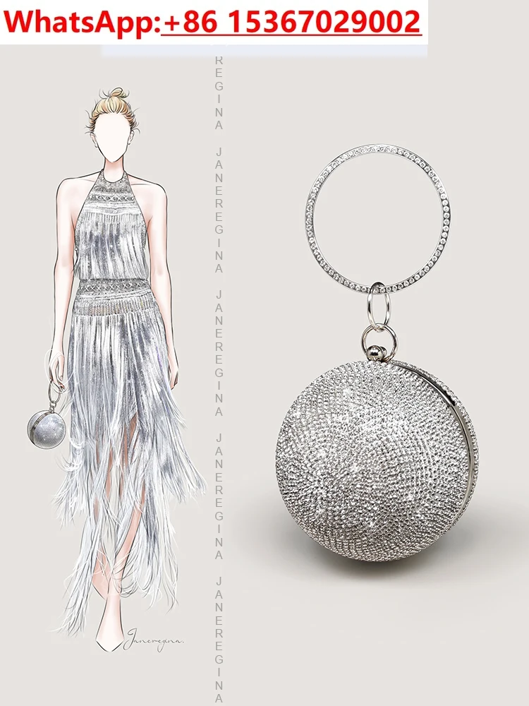 

Show style spherical bag, silver full diamond dress bag, new women's small circular ring handbag, metal texture banquet bag