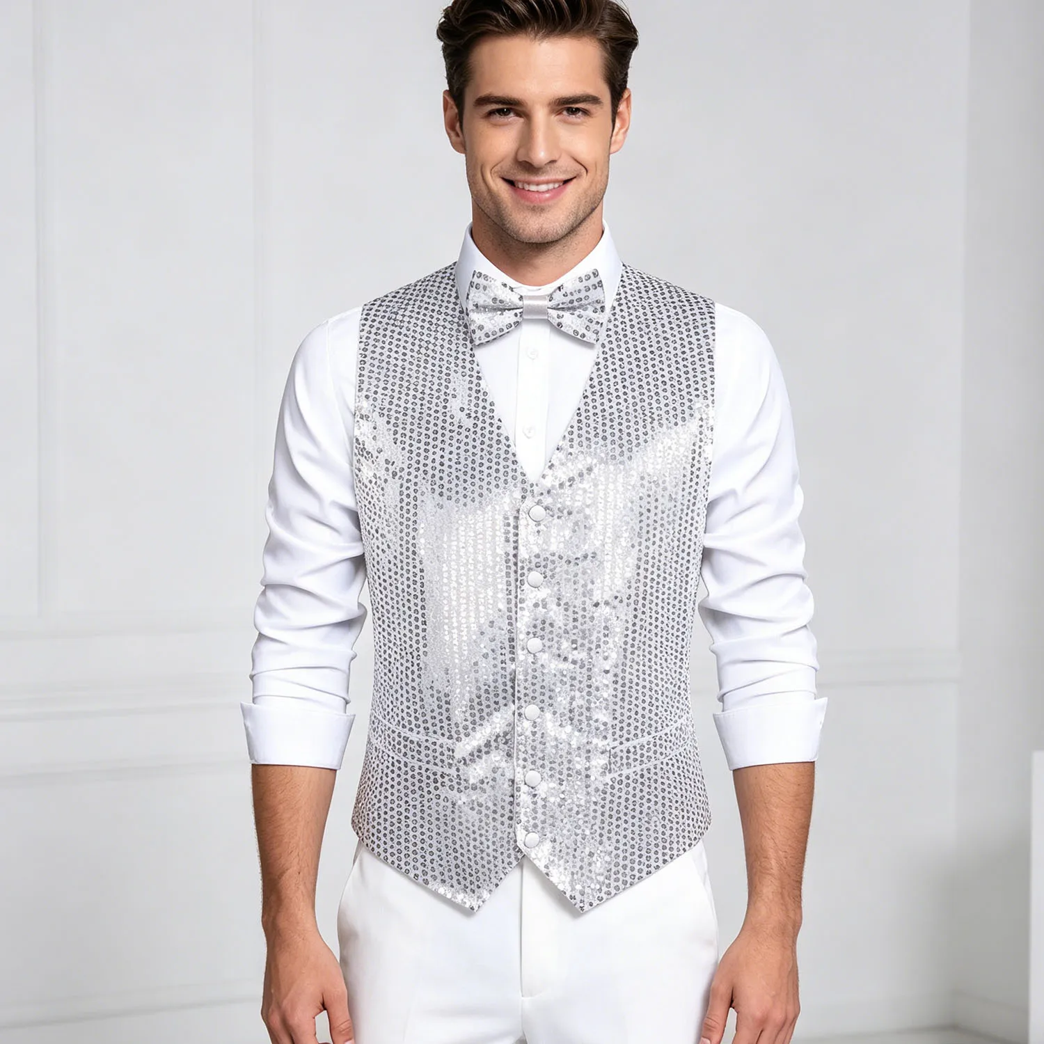 

Men's Sparkly Sequin Waistcoat and Bow Tie Set, Glitter Formal Vest Outfit for Wedding Party Prom Festival Gift