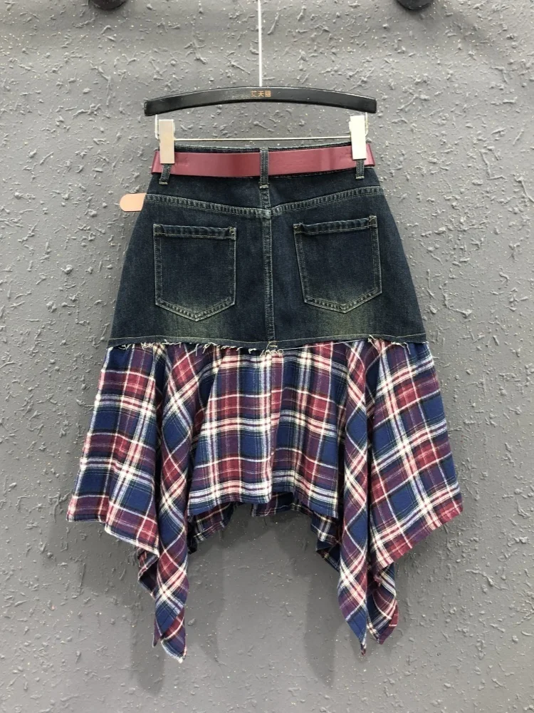 Vintage Irregular Patchwork Plaid Skirts Denim Short For Women High Waist Wrapped Hip Mini Skirt 2024 Summer Female