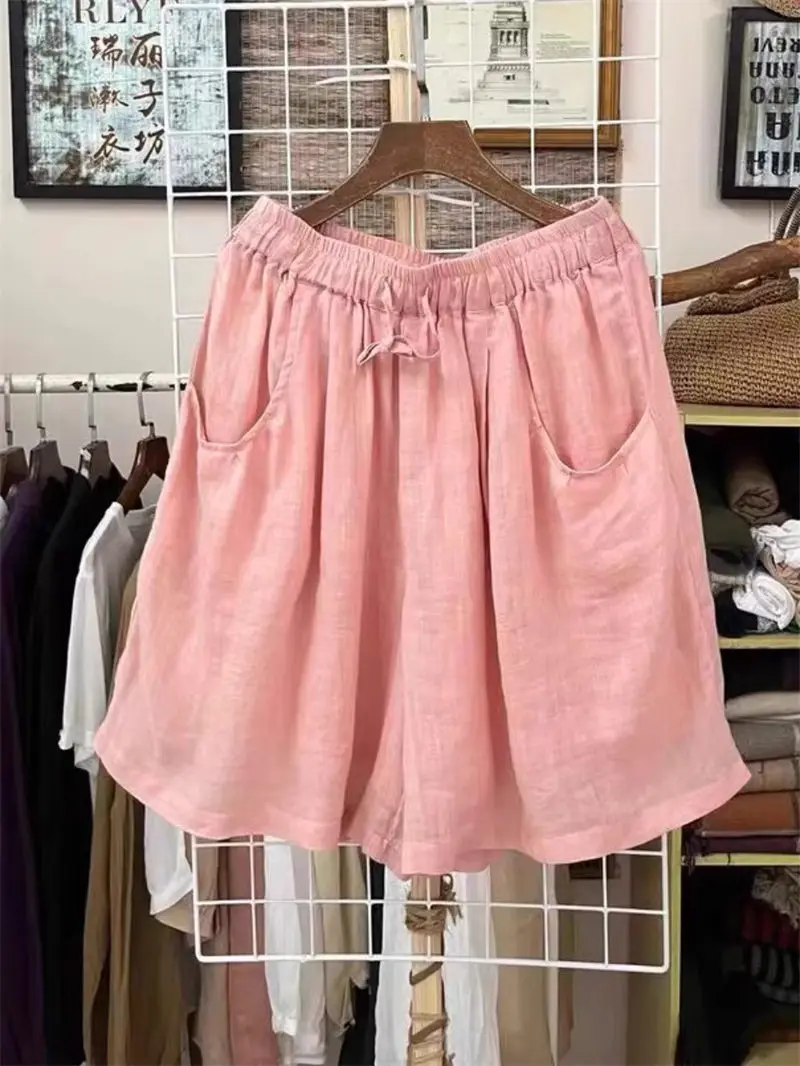 

Художественные широкие шорты из хлопка и льна для женщин, летние свободные шорты большого размера с тонкой эластичной резинкой на талии, G081