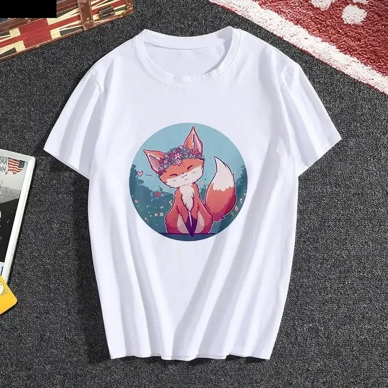 T-shirt pour femme à imprimé renard Kawaii, col rond, blanc, décontracté, à manches courtes, avec motifs animaux mignons