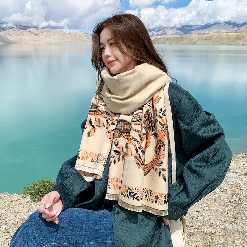 Women Winter Cashmere Scarf Pashmina Shawls Wraps 2023 Design Print Female Thick Warm Scarves Echarpe Thick Blanket Stoles