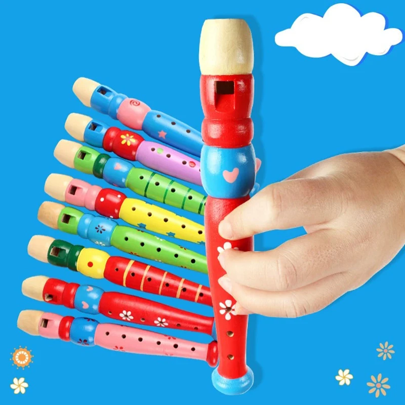 1Pc Wooden Cartoon Flute Children Clarinet 6-Hole Piccolo Musical Instrument Toys Early Learning Educational Wooden Toys