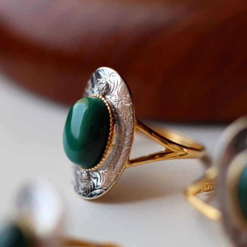 Foxanry Silver Color Malachite Rings For Women Couples Trendy Vintage Creative Design Personality Party Jewelry Gifts Wholesale