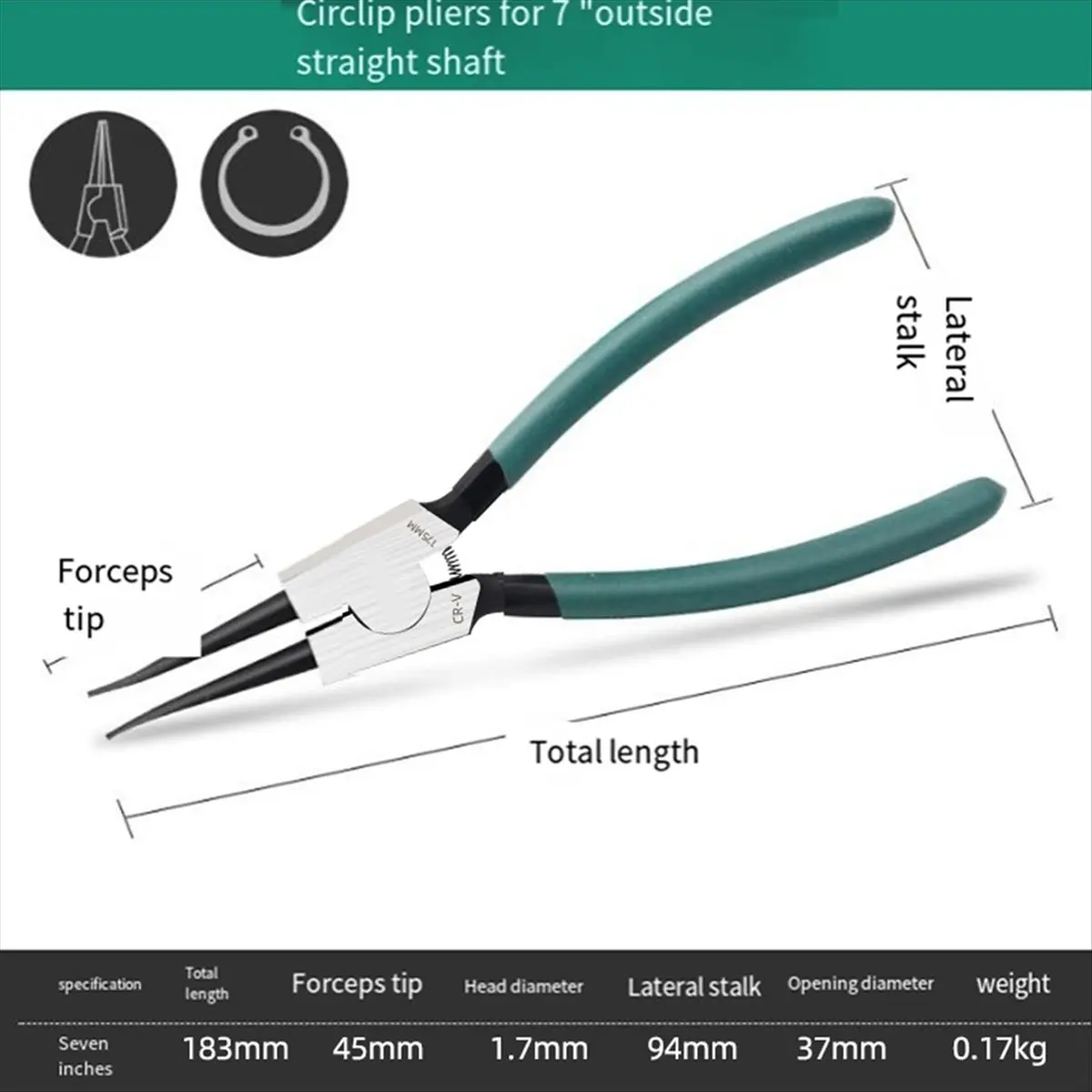 2025+ 4個入り スナップリングプライヤーセット、7インチ ストレート/ベントジョー、ヘビーデューティー スプリング式プライヤー