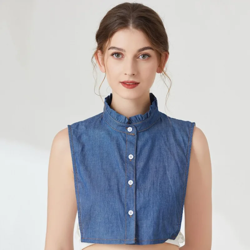 Nouveau Denim bleu faux col chemise femmes à volants faux colliers détachable revers demi-chemise cravate dames faux col de chemisier