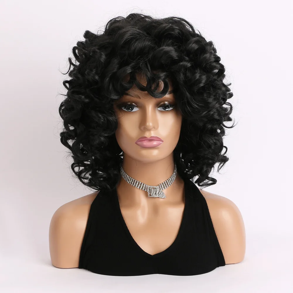 Perucas sintéticas encaracoladas pretas com Franja para mulheres, cabelo Afro Kinky, peruca cosplay sem cola, aparência natural, moda