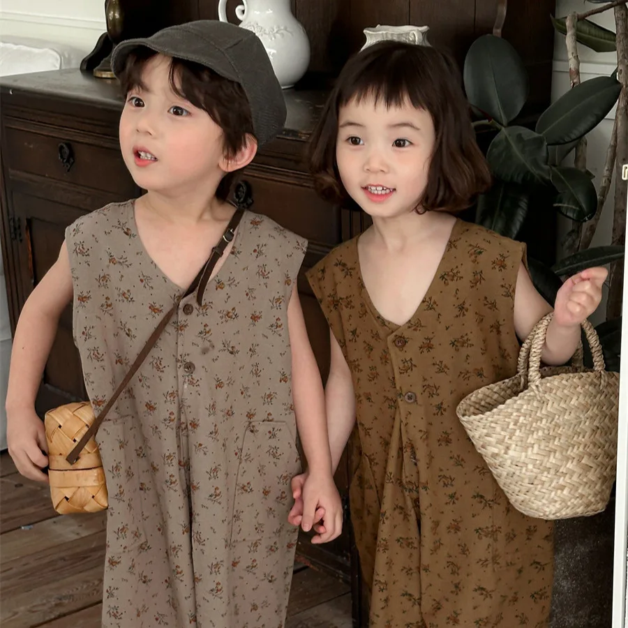 

2024 Summer New Children's Sleeveless Jumpsuit Cotton Baby Girls Overalls Boys One Piece Trouser Korean Kids Romper Pant Clothes