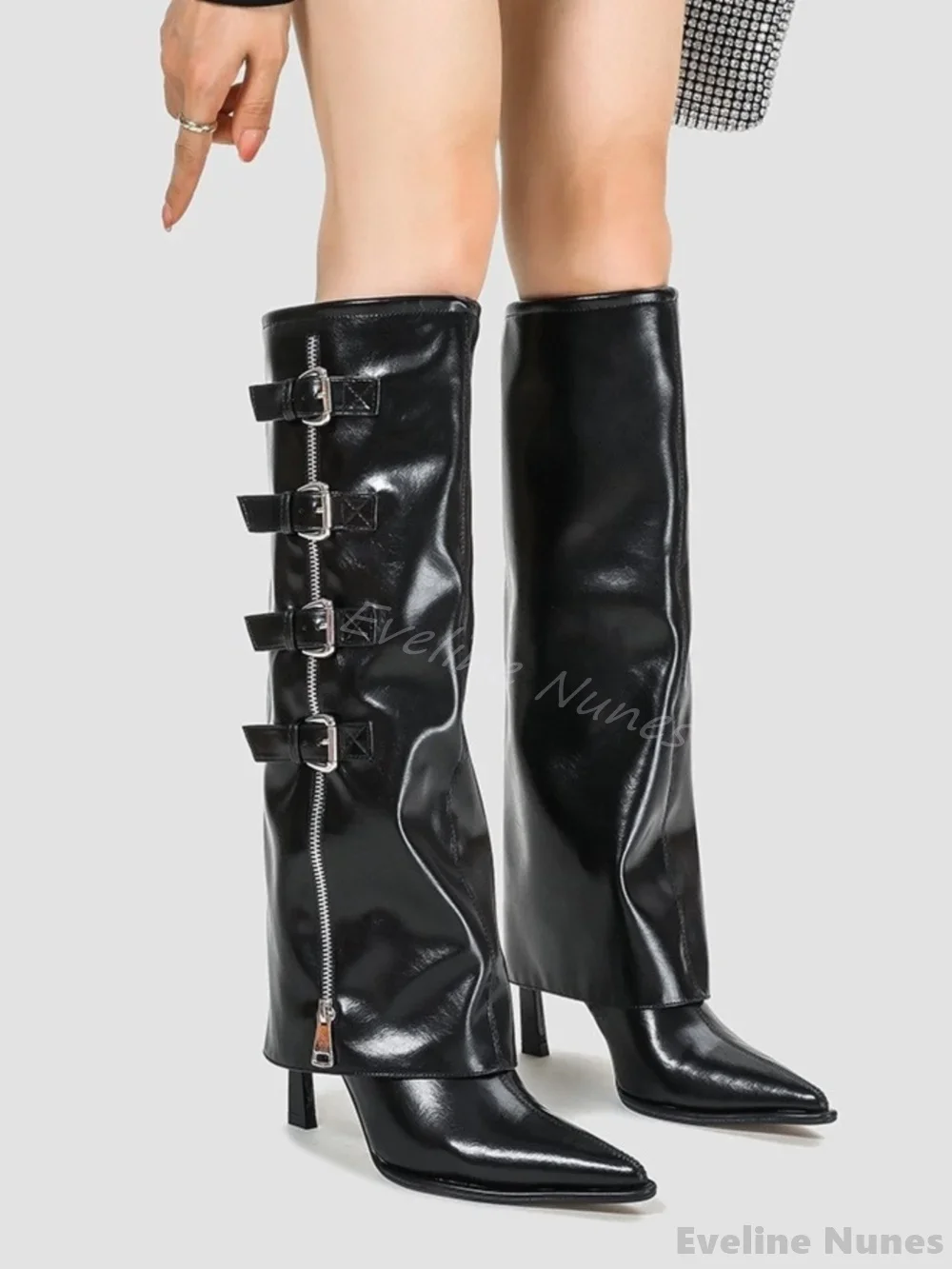 

Genuine Leather Belt Buckle Trouser Boots Women Pointed Toe Side Zipper Thin Heels Knee High Boots 2024 Winter Fashion Long Boot