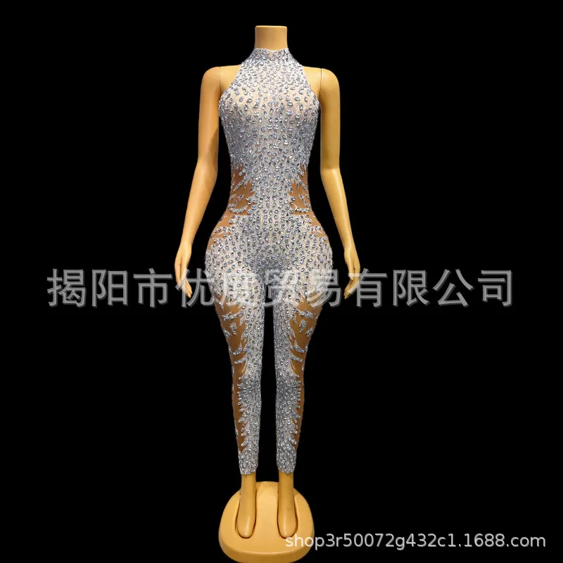 Silver Shiny Perspective Glam Rhinestone Sleeveless One-piece Birthday Party Reception Night Performance Clothing White Essence