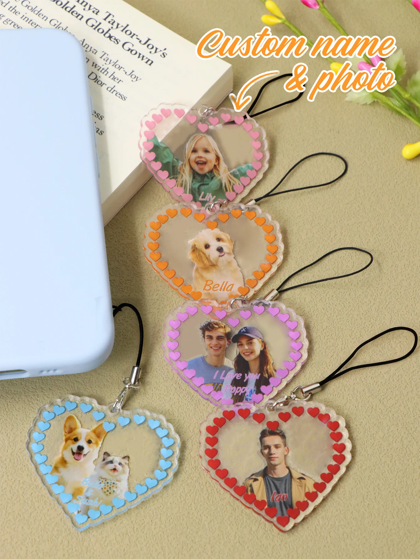 Custom Photo & Name Heart Phone Charm, Personalized Acrylic Pendant, Customized Picture Daily Carry Accessory, Galentine’S Day