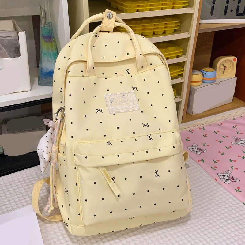 Kawaii Polka Dot Aesthetic Preppy Backpack with Star Charm Campus Bookbag Large Capacity School Bag for Teens Girls Students