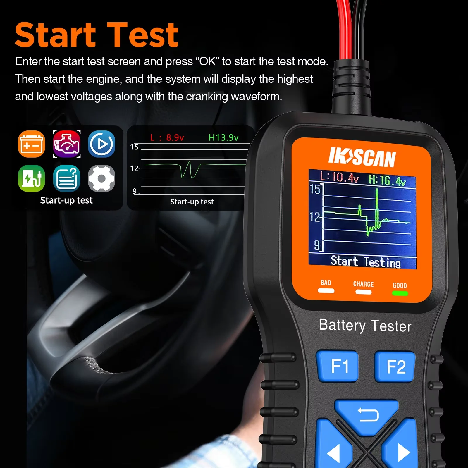 IKOSCAN K1S 12V Battery Tester, 100-2000 CCA Analyzer Similar to TOPDON BT200, Professional Car Battery & Alternator Diagnostic Tool