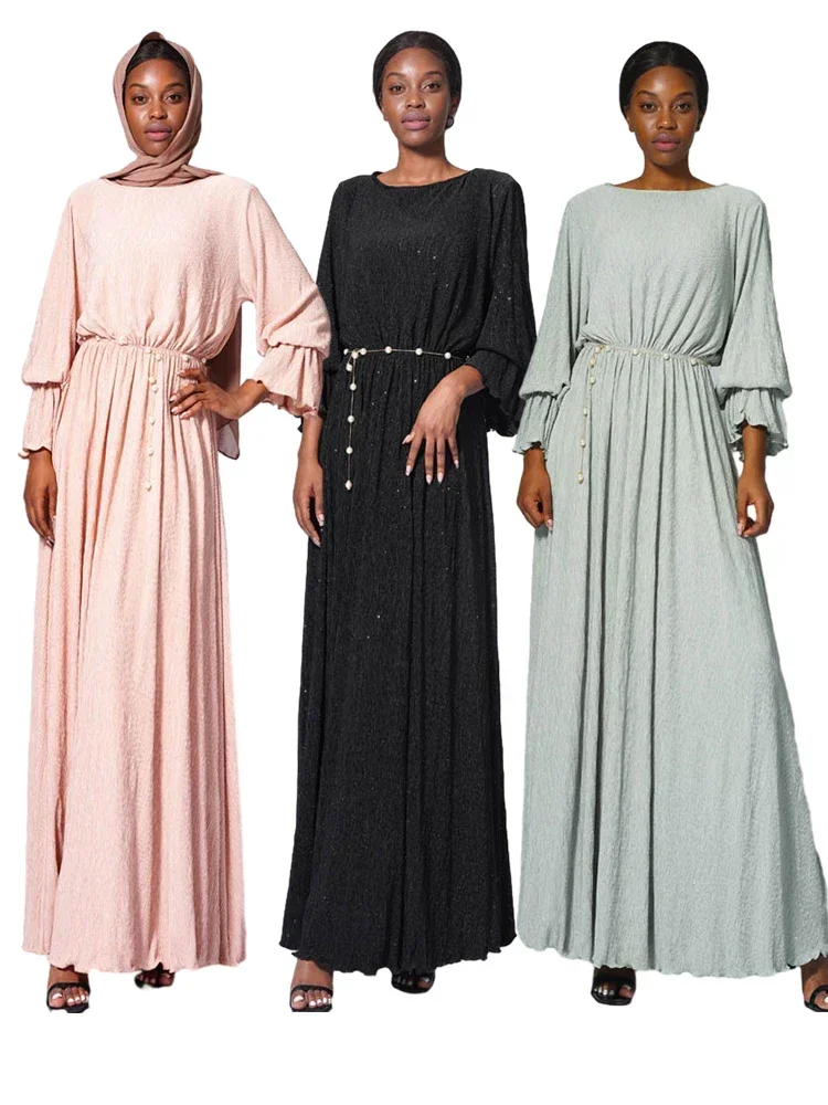 Eid Plisowana sukienka dla kobiet z paskiem Muzułmańska abaja Flare Sleeve Dubai Musulman Abayas Caftan Robe Gown Party Vestidos Largo 2025