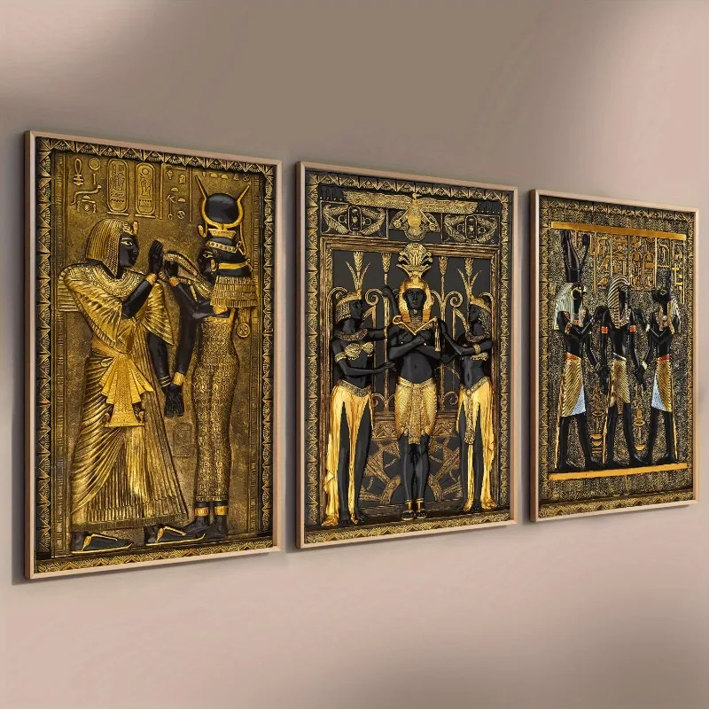 3pcs Black Golden Ancient Egyptian Art Prints Posters Pharaoh and His Maidens Canvas Wall Painting for Room Decorative Pictures