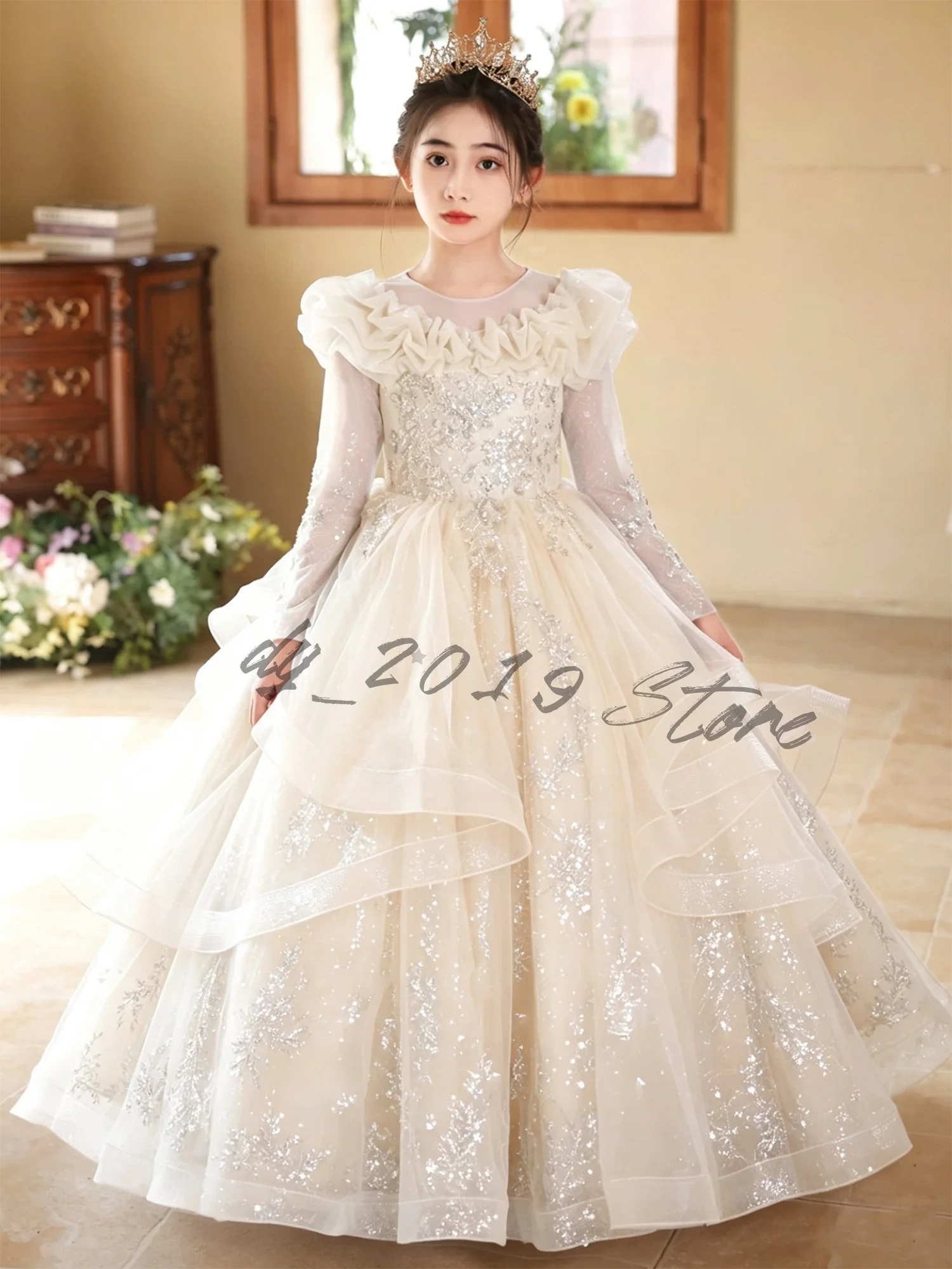 Champagne Ruffle Shoulder Flower Girl Dress Long Sleeve Sequin Embroidered Tiered Tulle Ball Princess Gown for Wedding & Pageant