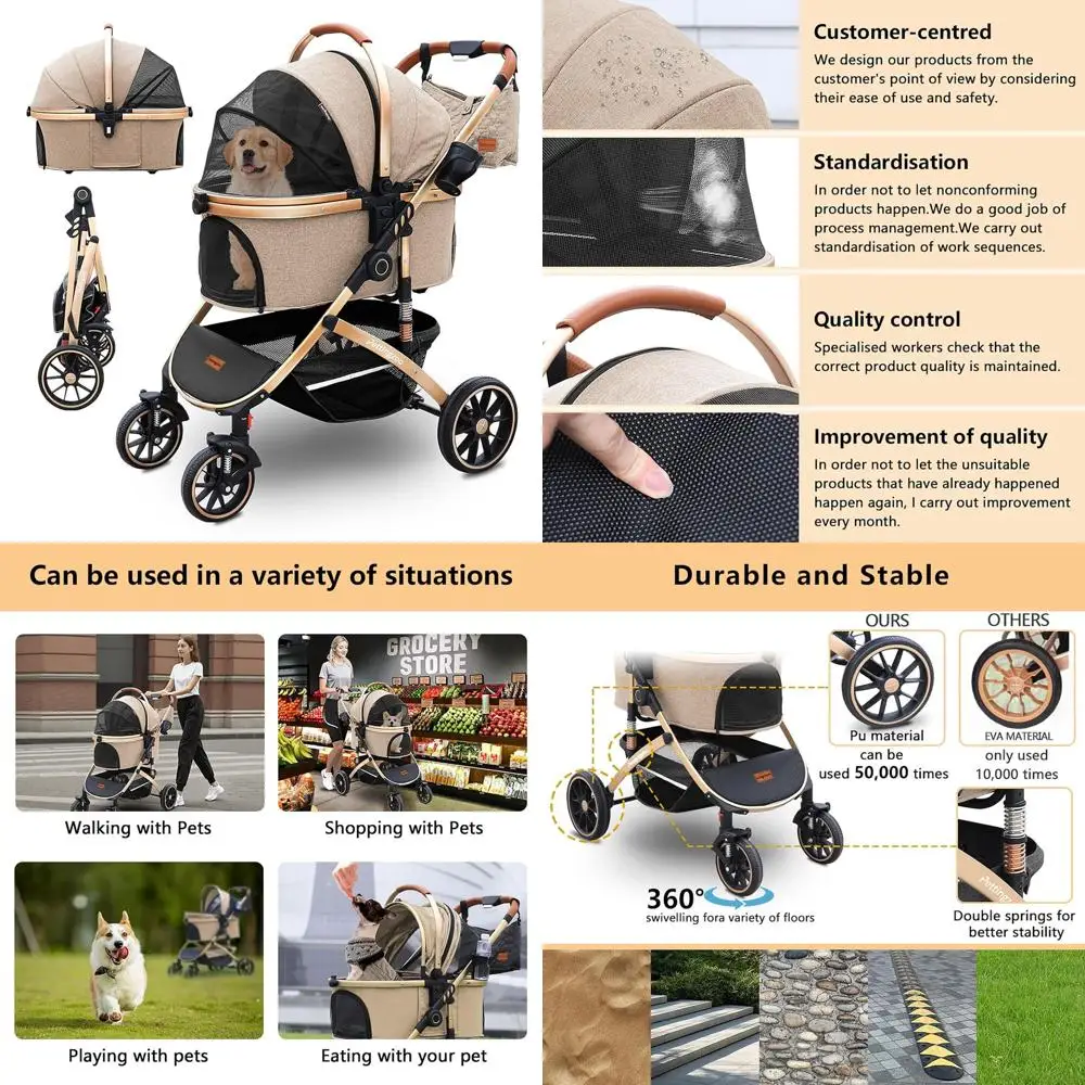 

Dog stroller with 4 Wheels, Folding Cat Stroller for Small/Medium/Large dogs & cats to 60 lbs, pet stroller with removable carri