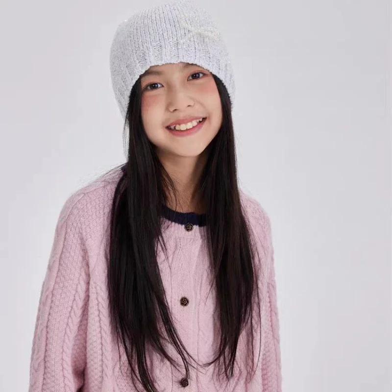 Stylish and Warm Knit Hat for Kids, Pearl Butterfly Knot, Shimmering Details