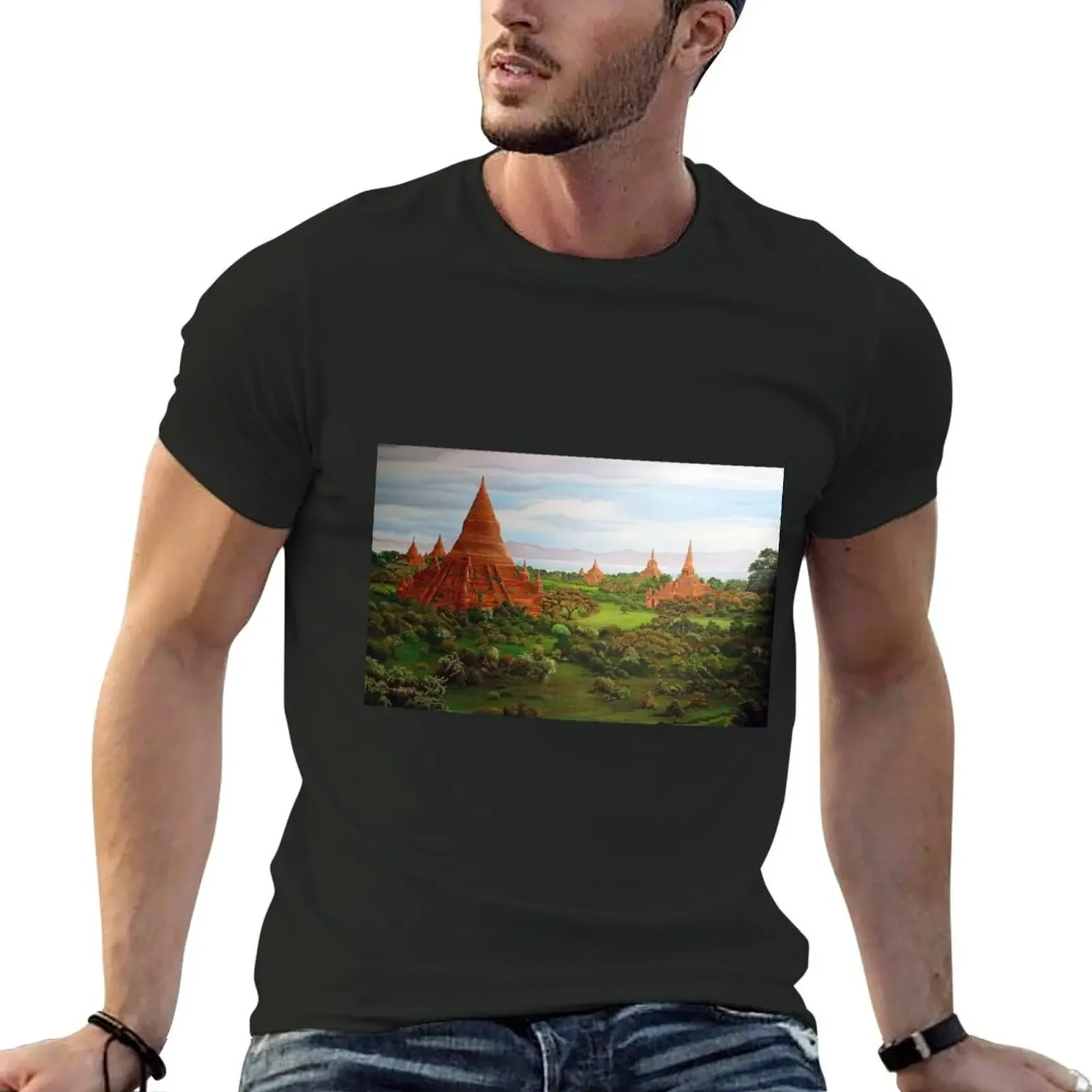 

Pyramid temples of Buddha in Myanmar plain landscape painting T-Shirt oversized graphic tee men clothes