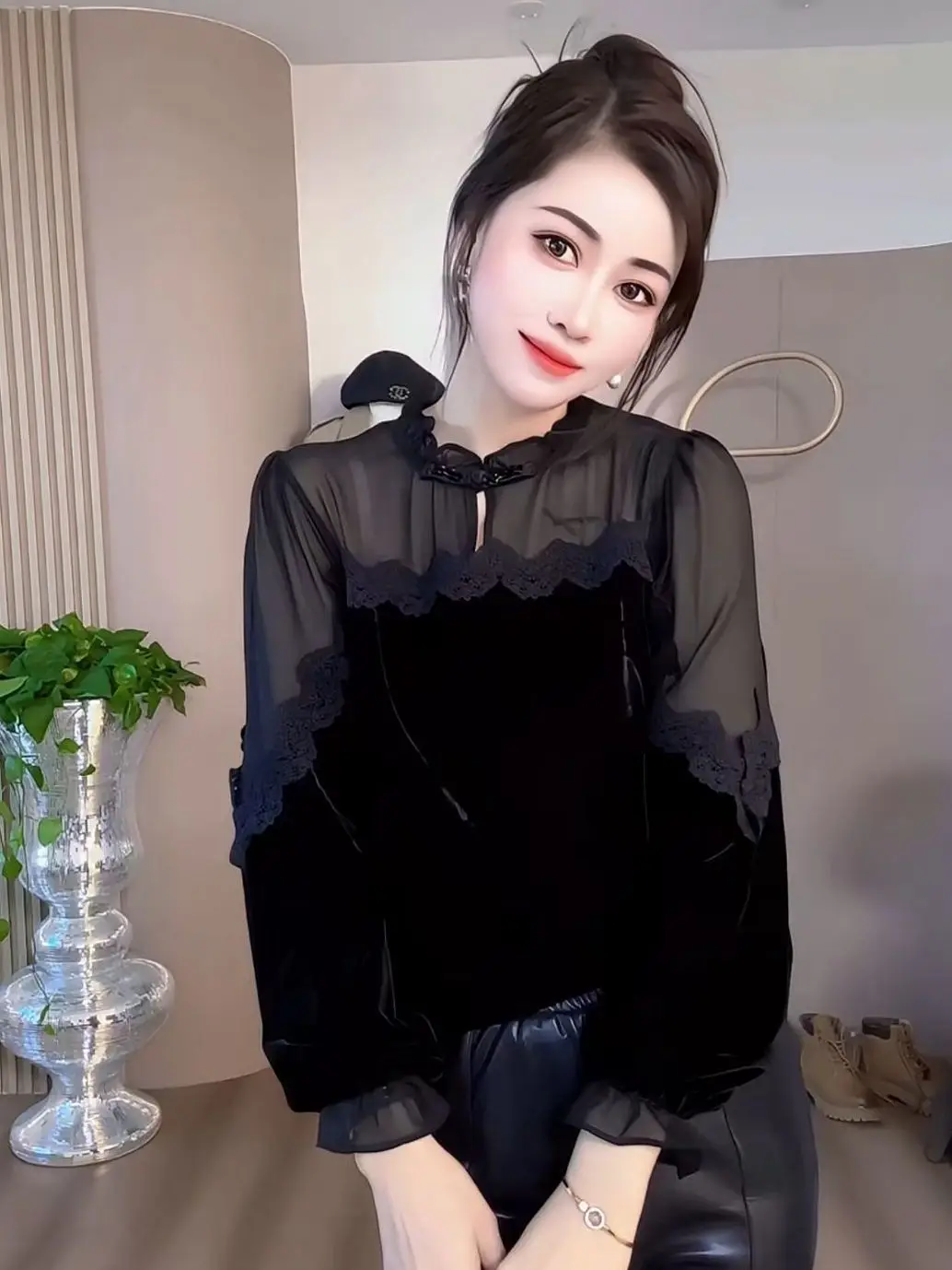 2024秋冬新作 パッチワーク ゴールドベルベット トップス 韓国風 多機能 スリムシャツ ベースシャツ レディース インナーシャツ 長袖シャツ