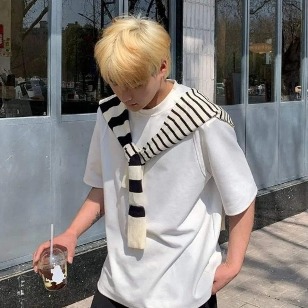 

Fashion Sunscreen Men Knitted Shawl Wraps Korean Style Asymmetry Stripe Scarf Cloak Knotted Fake Collar Wraps Clothes Decoration